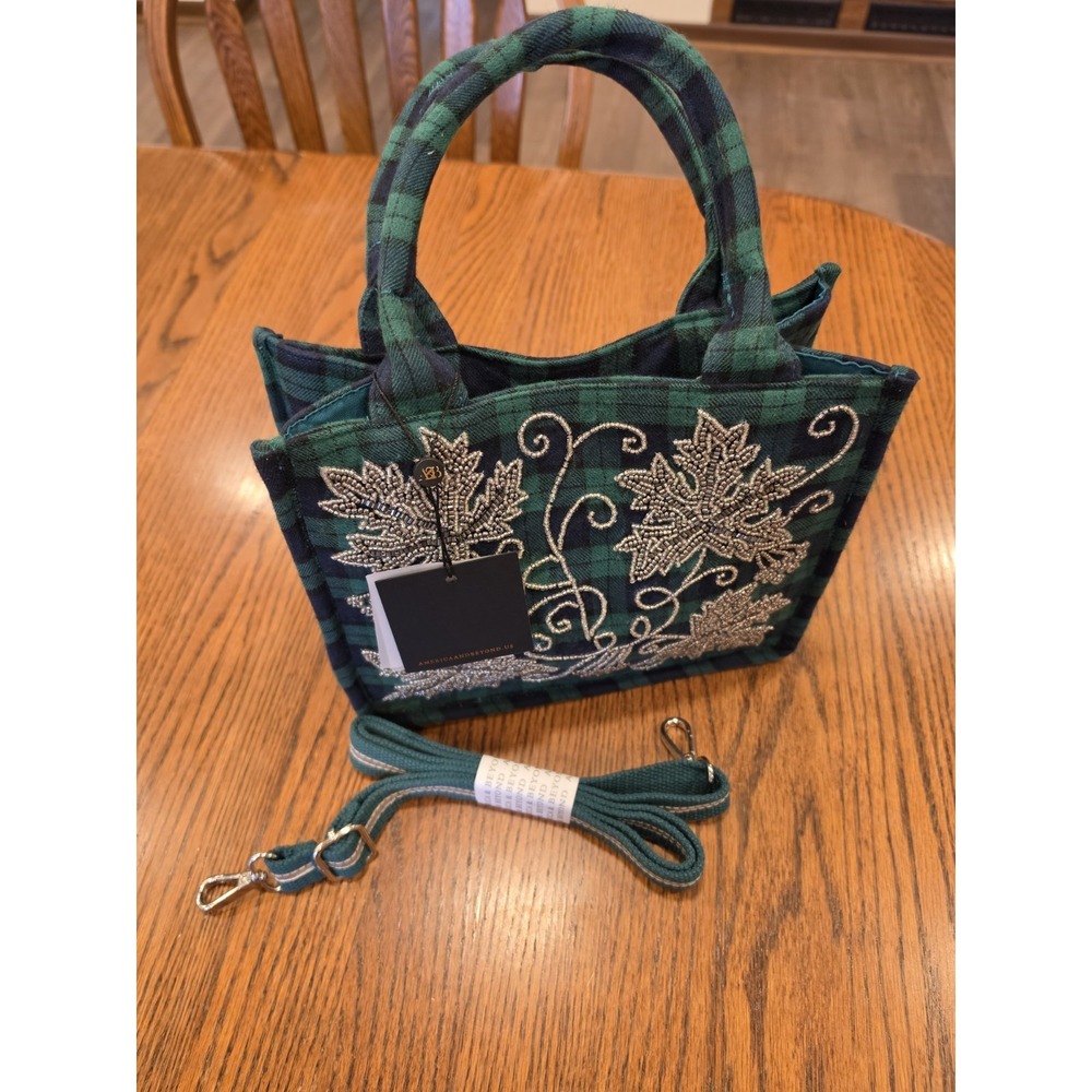 America Beyond Hand Beaded Plaid Mini Tote Bag Autumn Boho Leaf Cottagecore